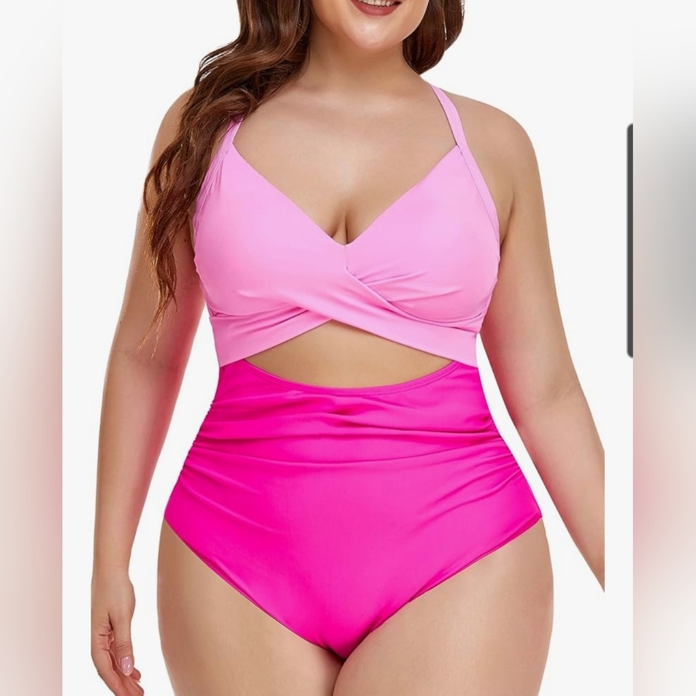 Eomenie Pink Color Blocked Women's One Piece Swimsuit Size 2XL